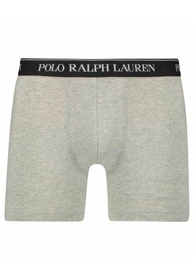 Grå boxerbriefs med ett svart elastiskt midjeband med texten "POLO RALPH LAUREN". Mjukt bomullsblandat tyg som ger komfort och flexibilitet.