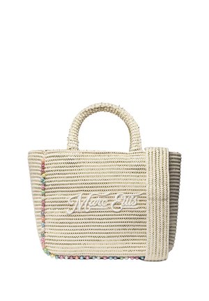 Piccola borsa beige intrecciata con manici corti, perline colorate lungo un lato e il bordo inferiore, e "Marc Ellis" ricamato davanti.