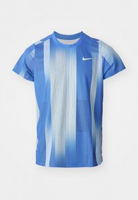 Nike short-sleeve T-shirt in gradient shades of blue, featuring a grid pattern and circular neck design. Made of lightweight, breathable fabric.