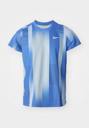 Nike short-sleeve T-shirt in gradient shades of blue, featuring a grid pattern and circular neck design. Made of lightweight, breathable fabric.