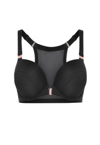 Musta rintaliivi, jossa on muotoillut kupit, verkkopaneelit ja säädettävät olkaimet. Korostaa ruusukultaisia varusteita ja sileää pintaa.