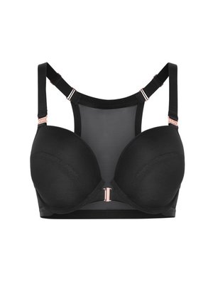 Schwarzer BH mit vorgeformten Cups, Mesh-Einsätzen und verstellbaren Trägern. Mit roségoldenen Hardware-Akzenten und einer glatten Oberfläche.