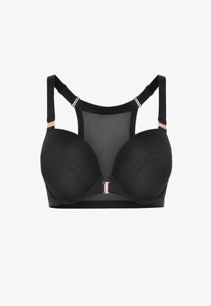 Schwarzer BH mit vorgeformten Cups, Mesh-Einsätzen und verstellbaren Trägern. Mit roségoldenen Hardware-Akzenten und einer glatten Oberfläche.