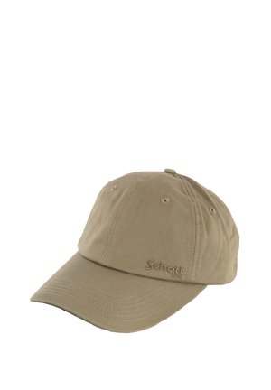 Gorra de béisbol de algodón beige con visera curvada, ojales de ventilación y "Schott NYC" bordado en el panel frontal izquierdo.