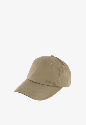 Gorra de béisbol de algodón beige con visera curvada, ojales de ventilación y "Schott NYC" bordado en el panel frontal izquierdo.