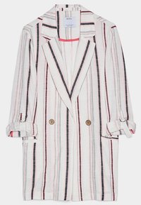 Randig kavaj med vit botten, som har vertikala ränder i marinblått, rött och rosa. Dubbelknäppning och uppvikbara ärmar.