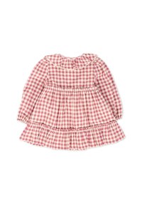 Abito a quadretti rosa e crema con maniche lunghe, colletto arricciato, corpino aderente e gonna ampia con orlo arricciato.