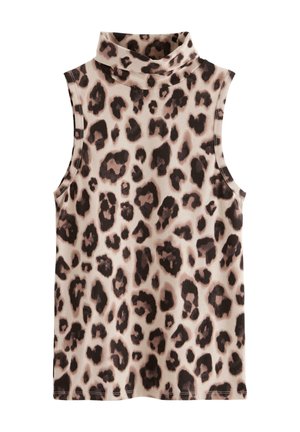 Hihaton poolopaita, jossa on beige ja tummanruskea leopardikuvio, suora helma ja sileä kangaspinta.