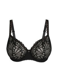 Soutien-gorge in pizzo nero con coppe in rete trasparente decorate con ricami floreali, spalline regolabili e bordi ondulati, completato da un dettaglio centrale.