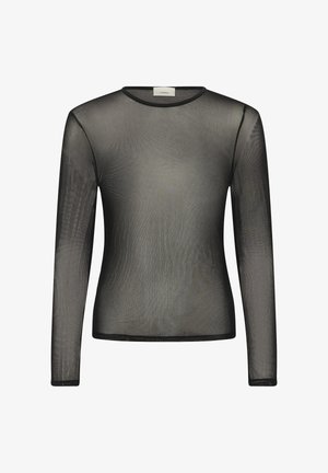 Svart långärmad transparent mesh-topp med rund halsringning och figursydd passform, visad mot en vit bakgrund.