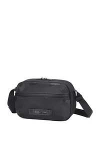 Borsa a spalla rettangolare nera realizzata in materiale resistente, con tasca frontale, chiusura a zip e tracolla regolabile.