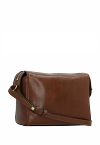 Braune Leder-Umhängetasche mit rechteckiger Form, Reißverschluss, verstellbarem Trageriemen und glatter Textur. Verfügt über minimalistische Designdetails.