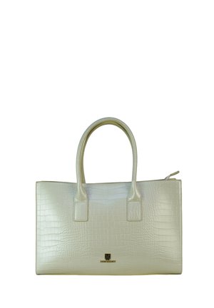 Borsa rettangolare color crema con texture effetto coccodrillo, doppi manici e piccolo logo del marchio dorato al centro frontale.