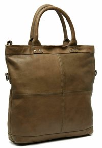 Borsa a spalla in pelle marrone con due manici, texture liscia, design strutturato e dettagli di cucitura visibili sulla parte anteriore e sui lati.