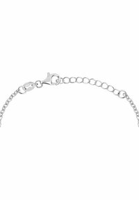 Bracciale in argento con chiusura a gancio e maglie di regolazione. Presenta un design delicato con maglie intrecciate e una finitura lucida.