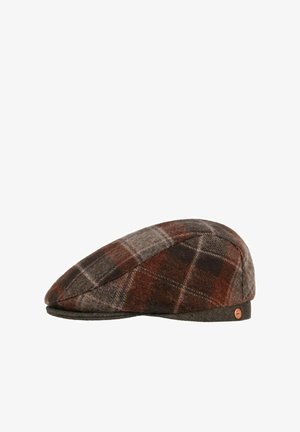 Flat cap with brown and gray plaid pattern, rounded top, short brim, and small round logo tag on the side.