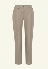 Pantalon beige sur mesure avec passants de ceinture, fermeture à boutons à l'avant, et coupe droite, posé sur un fond clair uni.