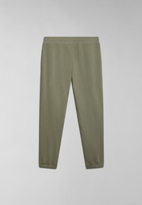 Olive green joggers made of soft fabric, featuring an elastic waistband and gathered cuffs at the ankles for a tapered fit.