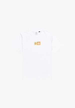 White cotton T-shirt featuring a central graphic of two squares, one green with a circle design and one orange with a geometric pattern.