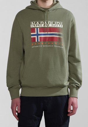 Osoba nosząca oliwkowo-zieloną bluzę z kapturem z przednią kieszenią, grafiką norweskiej flagi oraz napisem „NAPAPIJRI geographic Antarctic Research Program”.