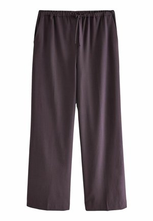Dunkelgraue Hose mit weitem Bein, elastischem Bund und Kordelzug, mit Seitentaschen und lockerem Sitz.