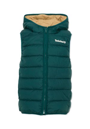 Pikowana turkusowo-zielona bezrękawnik z kapturem, zamkiem z przodu i beżową podszewką, z logo Timberland na lewej piersi.
