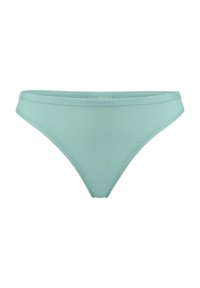 Mintgrüner Bikiniunterteil aus glattem Stoff. Mit einem tief sitzenden Schnitt und schmalem Bund, gekennzeichnet durch klare, einfache Linien und ohne Verzierungen.