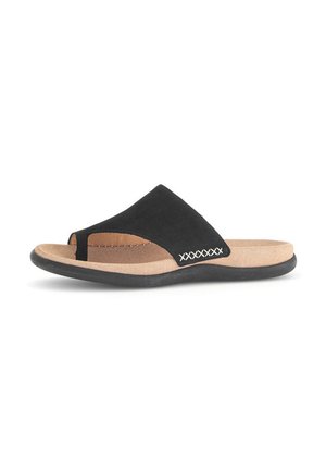 Black slip-on sandal with a soft suede upper, curved sole, and exposed toe. Features a beige footbed and decorative stitching detail.