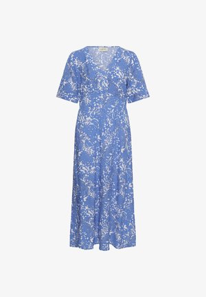 Rochie midi albă cu imprimeu floral albastru, cu mâneci scurte și guler în V.