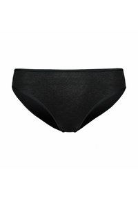 Czarne majtki bikini wykonane z miękkiej, elastycznej tkaniny. Charakteryzują się klasycznym, średnim stanem, gładką teksturą i minimalistycznym designem bez widocznych wzorów.