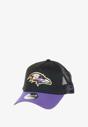 Black and purple cap featuring a Baltimore Ravens logo. Flat brim, mesh back, adjustable snap closure. Logo in purple, gold, and white embroidery.
