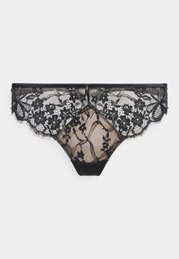 Μαύρο δαντελένιο γυναικείο εσώρουχο με floral σχέδια και κυματοειδείς άκρες σε ανοιχτό φόντο.