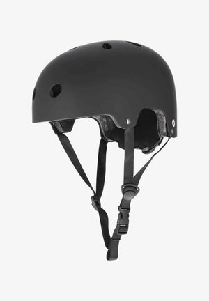 Casque de protection noir avec une finition mate lisse, plusieurs trous de ventilation, une jugulaire réglable et un rembourrage à l'intérieur pour le confort.