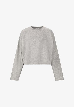 Grå cropped sweatshirt og matchende shorts, lavet af et blødt stof. Inkluderer en afslappet pasform, med en elastisk talje og en glat tekstur.