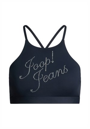 Black cropped sports bra with thin double shoulder straps and "Joop! Jeans" written in small rhinestones on the front.