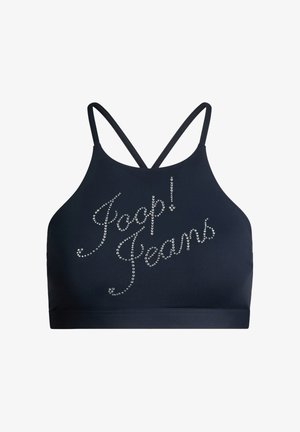 Black cropped sports bra with thin double shoulder straps and "Joop! Jeans" written in small rhinestones on the front.