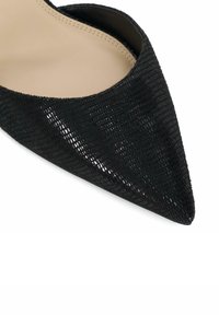 Black pointed-toe pump with a textured upper, smooth beige insole, and a sleek, minimalist design. No visible hardware or accents.