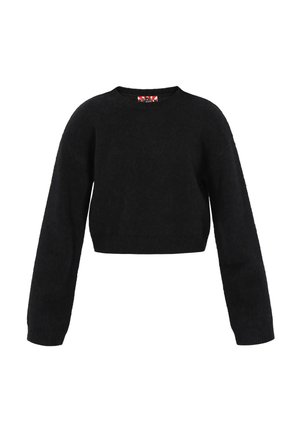 Sort cropped sweater lavet af struktureret stof. Har lange ærmer og en rund halsudskæring. Minimalistisk design uden synlige mønstre eller accenter.