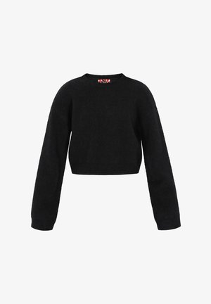 Melna īsa džemperis, kas izgatavots no teksturēta auduma. Ar garām piedurknēm un apaļu kakla izgriezumu. Minimalistisks dizains bez redzamām rakstām vai akcentiem.