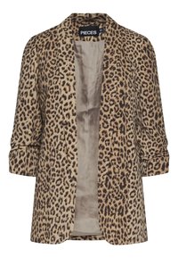 Leopardmönstrad blazer med öppen framsidan, trekvartslånga ärmar och lätt beige satinfoder, varumärkesetikett "PIECES" inuti kragen.