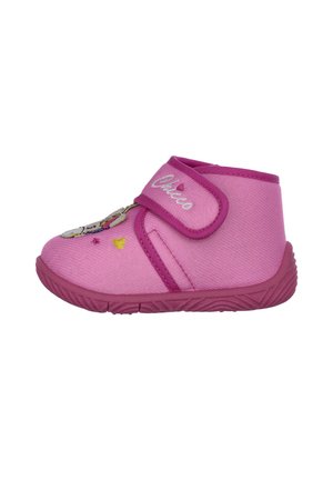 Rosa Kleinkinderschuhe mit weichem Textil-Obermaterial, ausgestattet mit einem Klettverschluss und einem Cartoon-Design an der Seite. Strukturiertes Gummisohle für rutschfesten Halt.