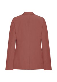 Blazer ajusté couleur rouille avec manches longues, épaules structurées et détail de couture au dos, présenté vue arrière.