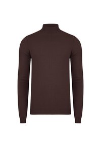 Brązowy sweter z golfem, wykonany z miękkiego materiału, z długimi rękawami oraz dopasowanym krojem, o gładkiej fakturze i bez dodatkowych zdobień.