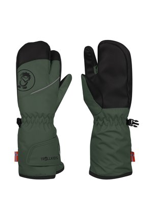 Grüne wasserdichte Fäustlinge mit schwarzen Akzenten, strukturierten Handflächen und elastischen Bündchen. Verfügen über ein Logo und einen integrierten Spannmechanismus.