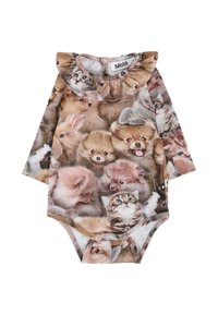 Body a maniche lunghe realizzato in un tessuto misto poliestere con un collage di volti di vari animali, principalmente gatti e cani, in colori tenui e morbidi.