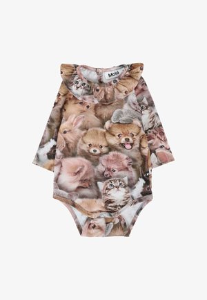 Body a maniche lunghe realizzato in un tessuto misto poliestere con un collage di volti di vari animali, principalmente gatti e cani, in colori tenui e morbidi.