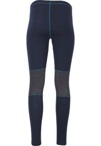 Marina leggings med grå paneldetaljer; har kontrasterande teal-sömmar och en åtsittande design som passar för aktiva kläder.