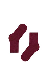 Coppia di calze a manica calda e spessa in color bordeaux scuro, esposte piatte con le aree del tallone e delle dita visibili.