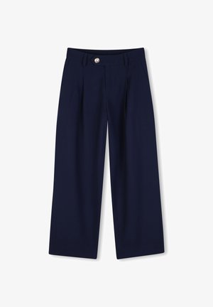 Pantalon large marine en tissu doux, avec plis à l'avant, fermeture par bouton argenté et deux poches latérales.
