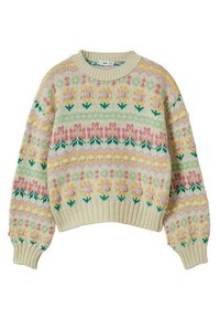 Pull en maille avec une base crème et des motifs floraux colorés en rose, jaune et vert ; doté d'un col rond et de poignets côtelés.